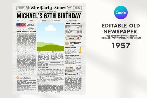 EDITABLE 67th Birthday Vintage Newspaper Template